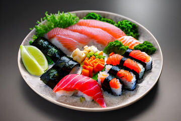 Fresh tuna sushi on a plate with lemon Generative AI Art