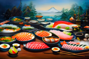 Sushi and sashimi Banquet in the restaurant Generative AI Art