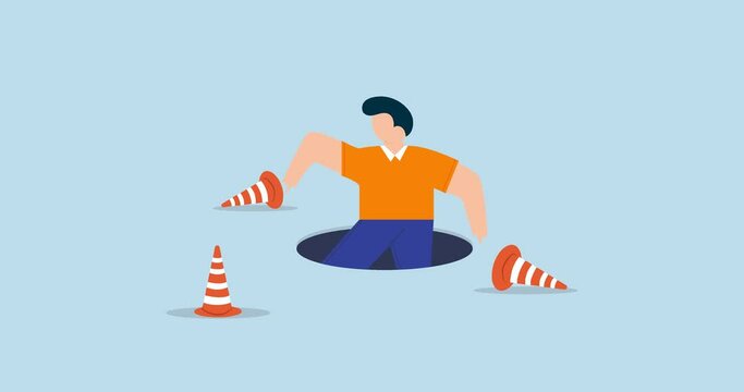 4k animation of Failure or mistake causing catastrophe despair. terrified businessman fall down into the hole