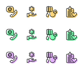 Set line Blood pressure, Emergency call 911, Cross hospital medical and Patient record icon. Vector