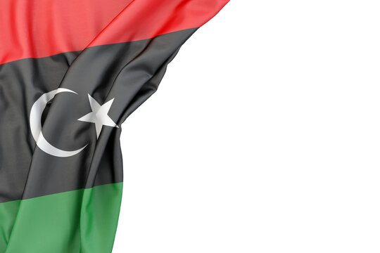 Flag of Libya in the corner on white background. 3D Rendering