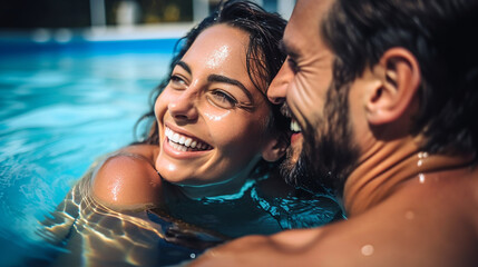 Happy couple has fun in the pool and enjoys the summer. Smiling and laughin at sunshine. Generative Ai - obrazy, fototapety, plakaty