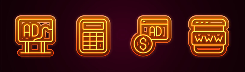 Set line Advertising, Calculator, and Browser window. Glowing neon icon. Vector