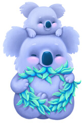 Two cute funny koalas eat the eucalyptus leaves wreath. Digital drawing, illustration.