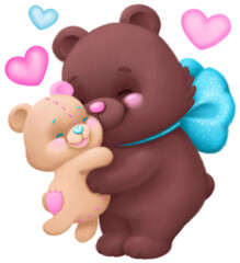 A cute bear hugs his little cuddly bear full of love. Digital drawing, illustration.
