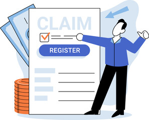Claim form, man filling out checklis, write personal information into document. Application form paper applying for job or registering claim for health insurance. Person answers questions in survey