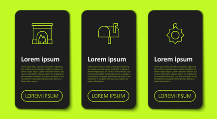 Set line Interior fireplace, Mail box and Christmas toy. Business infographic template. Vector