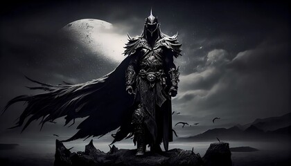 Dark fantasy knight in shining armor, cape, sword, castle, sunrise, digital art, artistic. Generative AI. - obrazy, fototapety, plakaty