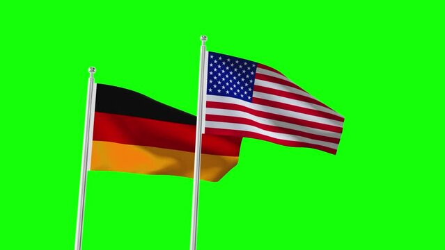 American and Germany flag seamless waving animation. American and Germany Background. 4k resolution video. There are two government flags attached to poles on a sky background. Chroma key.
