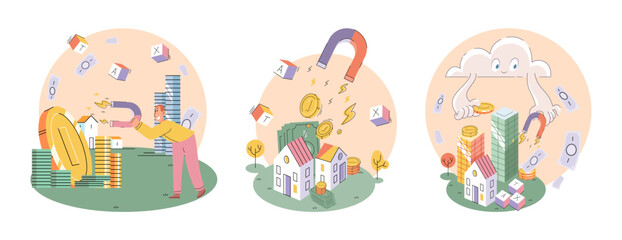 Businessman attracting and saving money with giant magnet. Fast cash loan for entrepreneurs, increasing profits and income. Wealth, business, financial energy concept. Investment attraction vector set