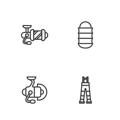 Set line Fisherman pants, Spinning reel for fishing, and Fishing net icon. Vector
