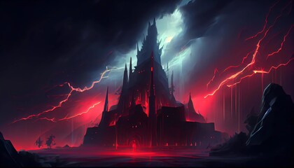 A huge dark castle, evil, thunder, heroic fantasy, different layers, red glowy light, complex composition. Generative AI.
