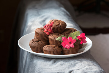 un bel piatto ricco di muffin al cioccolato appena sfornati, muffin al cacao con gocce di cioccolato