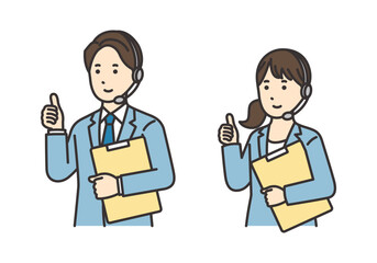 資料を持ってグッドポーズをするオペレーターの女性と男性