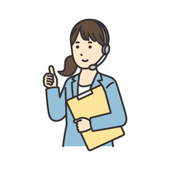 資料を持ってグッドポーズをするオペレーターの女性