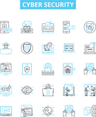 Cyber security vector line icons set. Cybersecurity, Cybercrime, Hacking, Encryption, Firewalls, Antivirus, Patching illustration outline concept symbols and signs