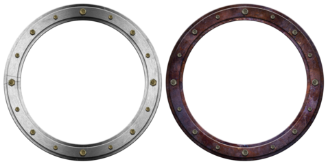 Two metal portholes with bolts isolated on white or transparent background, 3d illustration. Png.