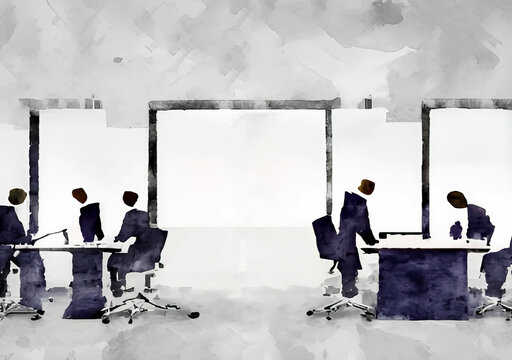 Watercolor abstract painting representing partnership and development in a modern business workspace with a group of white-collar workers at desks - Generative AI