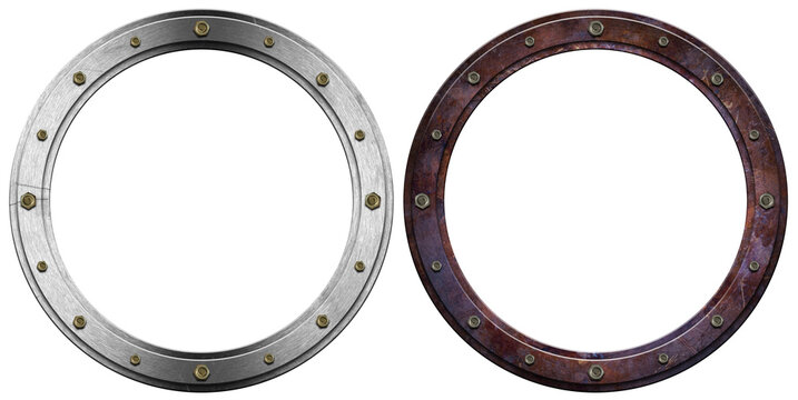 Two metal portholes with bolts isolated on white or transparent background, 3d illustration. Png.