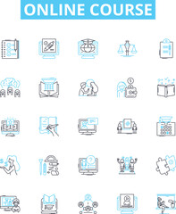 Online Course vector line icons set. eLearning, Webinar, Tutorials, MOOC, Training, Workshop, Certifications illustration outline concept symbols and signs