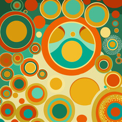 Fototapeta premium Poster in retro style of the 70s, Flowers, circles, abstraction and psychedelic patterns. Bright and warm color palette, shades of orange, yellow, green and pale blue