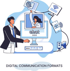 Digital communications formats. Chat messages smartphone, Sms on mobile phone screen. Woman and man couple chatting, interacting online. Messaging using chat app or social network with computer