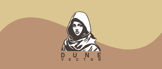 Fototapeta Vector portrait of a beautiful young girl with blue eyes and in a hood against the background of sand dunes. Logo, sticker or icon. obraz
