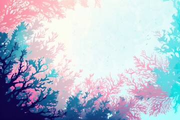 Obraz na płótnie Canvas Ocean Blue Light Pink Background Silhouettes Leafy Branches Postcard. Generative AI