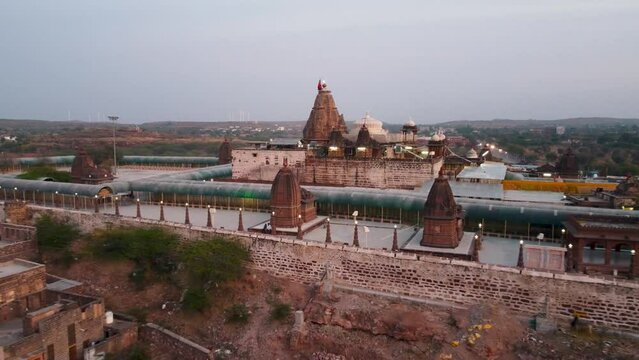 Osian, Rajasthan, India 2nd March 2023: The Sachchiya Mata Temple is located in Osian, near Jodhpur city in the Indian state of Rajasthan. Kuldevi. Jodhpur - Bikaner Highway. Drone shots.