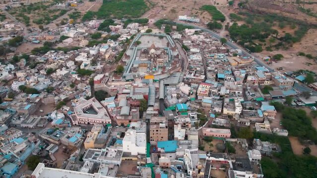Osian, Rajasthan, India 2nd March 2023: The Sachchiya Mata Temple is located in Osian, near Jodhpur city in the Indian state of Rajasthan. Kuldevi. Jodhpur - Bikaner Highway. Drone shots.