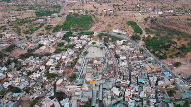 Osian, Rajasthan, India 2nd March 2023: The Sachchiya Mata Temple is located in Osian, near Jodhpur city in the Indian state of Rajasthan. Kuldevi. Jodhpur - Bikaner Highway. Drone shots.
