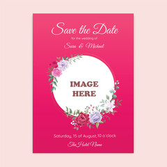 A pink wedding invitation with a picture of a couple