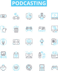 Podcasting vector line icons set. Streaming, Recording, Producing, Broadcasting, Hosting, Sharing, Listening illustration outline concept symbols and signs