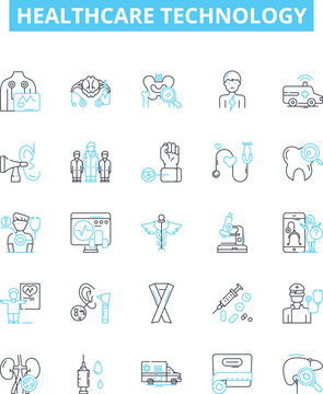 Healthcare Technology vector line icons set. Medical, Technology, Healthcare, Innovation, Diagnosis, Treatment, Devices illustration outline concept symbols and signs