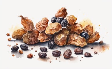 Fototapeta premium Drawn grapes and raisins on white background watercolor organic food illustrations Generative AI