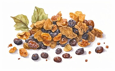 Fototapeta premium Drawn grapes and raisins on white background watercolor organic food illustrations Generative AI