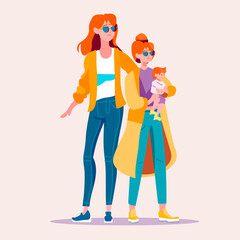 mothers and little children walking together women lesbians with kid transgender love happy lesbian family