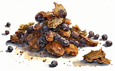Obraz premium Drawn grapes and raisins on white background watercolor organic food illustrations Generative AI