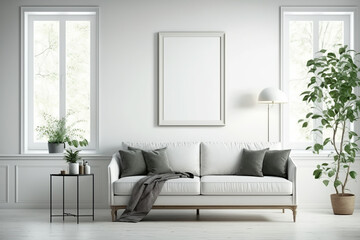 Obraz na płótnie Canvas Gray Sofa. Blank picture frame mockup on white wall. Plant in Trendy Vase. Lamp. White living room design. View of modern style interior with artwork mock up on wall