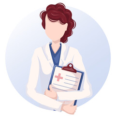 Fototapeta The woman doctor in white uniform holding clipboard. Medicine, therapy and healthcare concept. Isolated vector illustration for flyer, poster, banner. obraz