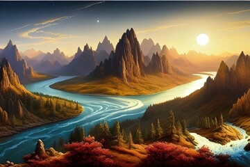 mystical landscape with craggy mountains and rivers on an extrasolar planet, wallpaper