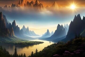 mystical landscape with craggy mountains and rivers on an extrasolar planet, wallpaper
