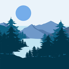 Vector illustration. Beautiful mountain landscape with trees. Seamless mountains background. Outdoor and hiking concept. flat design illustrations.