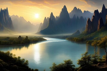 Fototapeta na wymiar mystical landscape with craggy mountains and rivers on an extrasolar planet, wallpaper