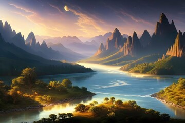 mystical landscape with craggy mountains and rivers on an extrasolar planet, wallpaper