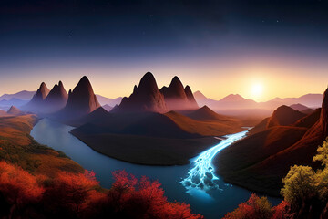 mystical landscape with craggy mountains and rivers on an extrasolar planet, wallpaper