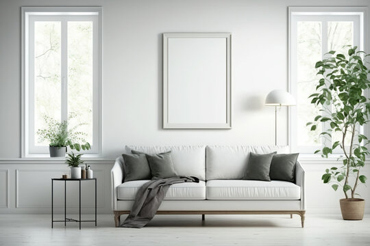 Gray Sofa. Blank picture frame mockup on white wall. Plant in Trendy Vase. Lamp. White living room design. View of modern style interior with artwork mock up on wall