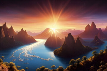 mystical landscape with craggy mountains and rivers on an extrasolar planet, wallpaper