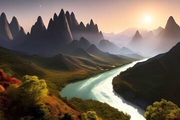 mystical landscape with craggy mountains and rivers on an extrasolar planet, wallpaper