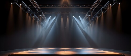 Stage for performances with lighting. The stage is set up with different types of lighting, creating a dramatic and captivating effect. Generative AI